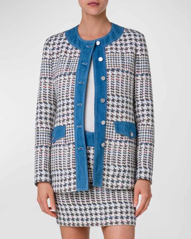 Denim-Trim Houndstooth Jacquard Collarless Jacket